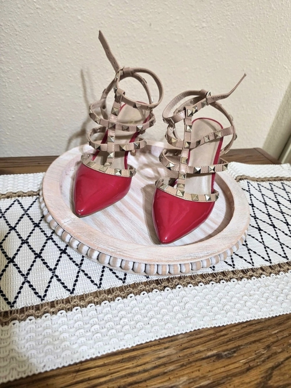 Mix No. 6 Liraven Red Studded Patent T-Strap Pump Heels